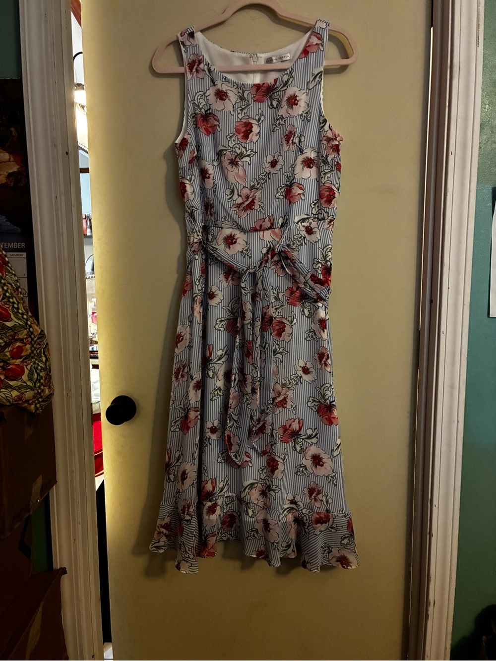 Sandra Darren White Floral Stripe Sleeveless Tie-Waist Dress - White & Red
